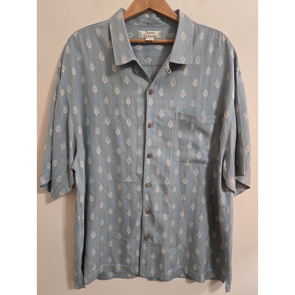 Tommy Bahama Mens XL Silk Shirt Blue Herringbone Leaf Print Camp Button Down